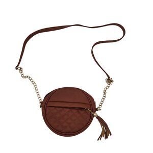 Round Brown Faux Leather Crossbody Bag With Quilted Front Gold Chain Strap